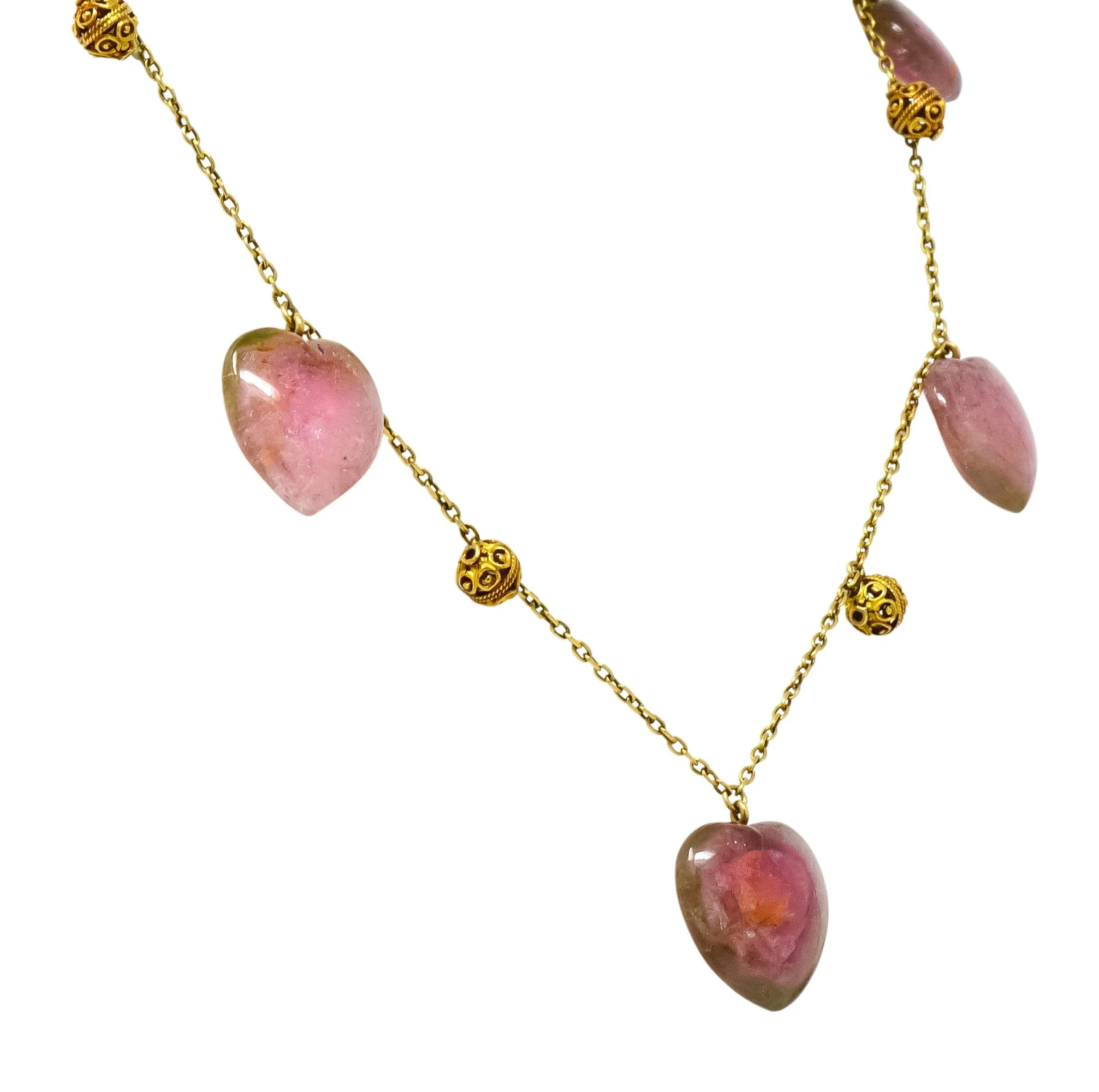 Victorian Watermelon Tourmaline 14 Karat Gold Heart Station Necklace