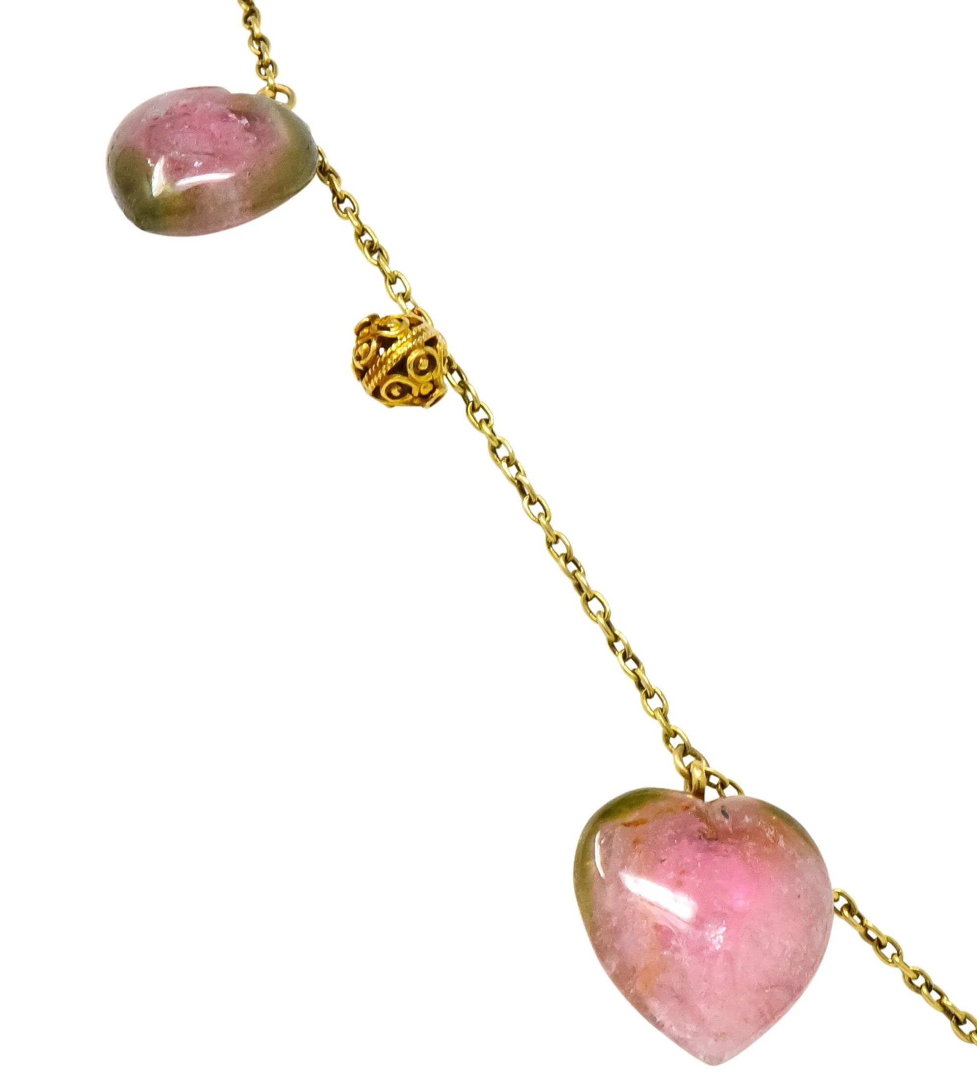 Victorian Watermelon Tourmaline 14 Karat Gold Heart Station Necklace