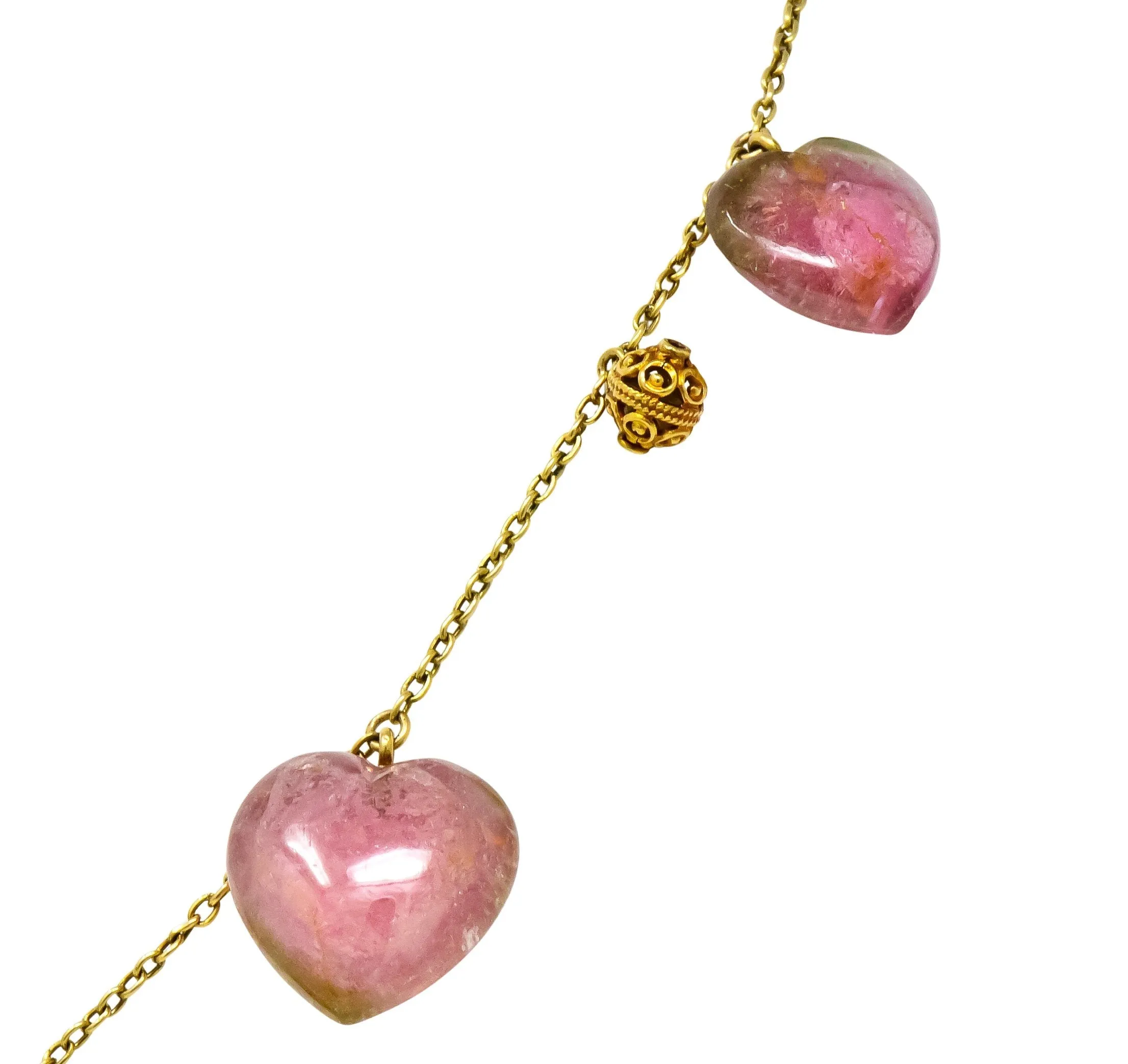 Victorian Watermelon Tourmaline 14 Karat Gold Heart Station Necklace