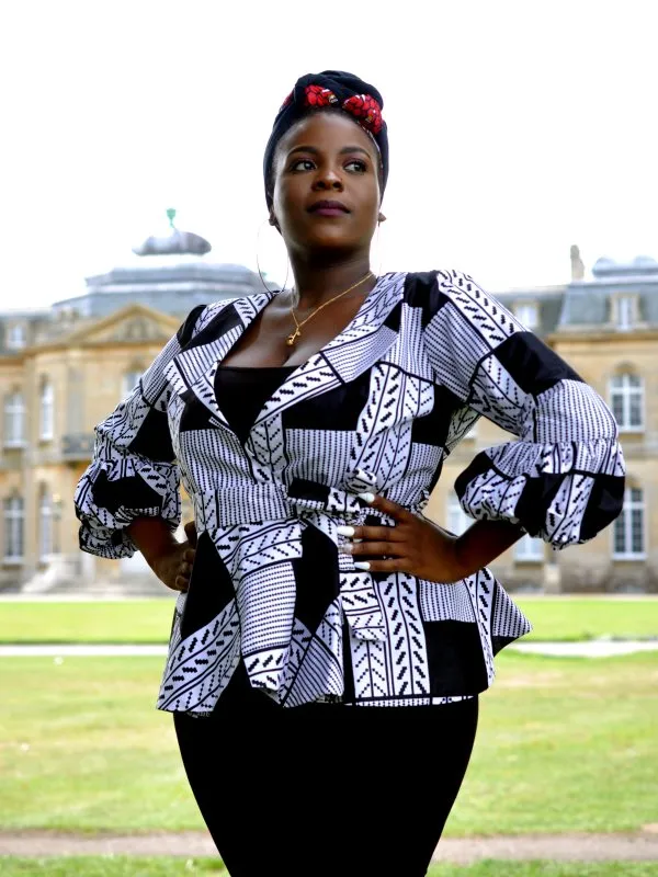 White & Black African Print Peplum Wrap Top - African Clothing Store | JT Aphrique