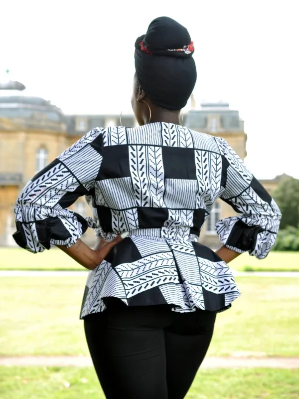 White & Black African Print Peplum Wrap Top - African Clothing Store | JT Aphrique