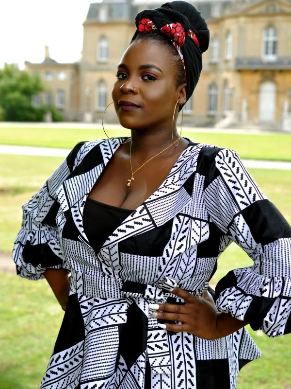 White & Black African Print Peplum Wrap Top - African Clothing Store | JT Aphrique