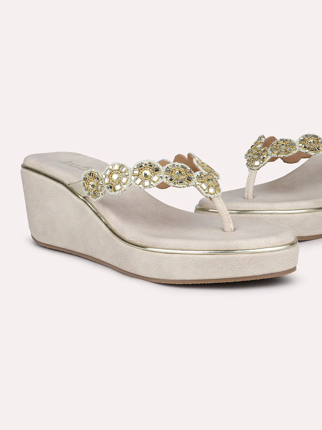 Women Gold-Toned Embellished Open Toe Wedge Heels