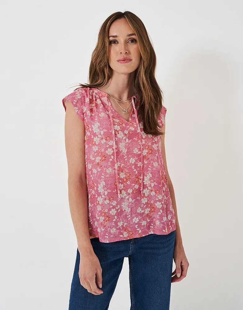 Women's Olivia Tie Neck Printed Sleeveless Blouse - Cleo Pink from Crew Clothing Company