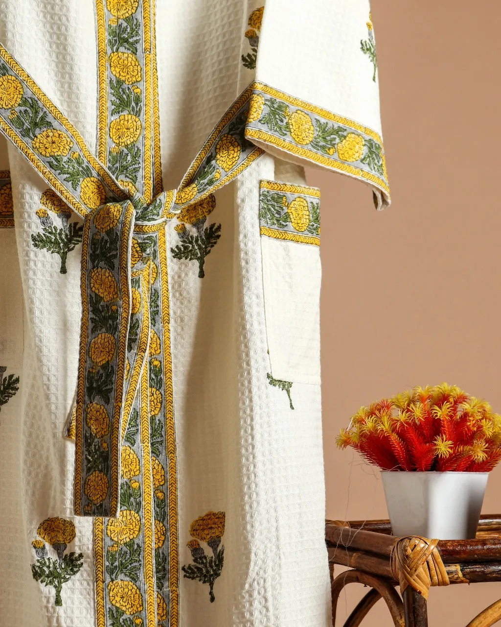 Yellow Buta Print Waffle Cotton Bathrobe (BROB13)