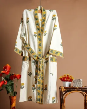 Yellow Buta Print Waffle Cotton Bathrobe (BROB13)