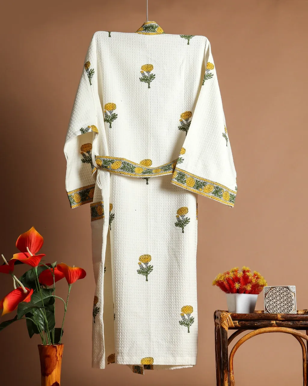 Yellow Buta Print Waffle Cotton Bathrobe (BROB13)